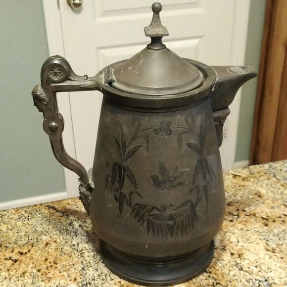 Meridian B Co Silver Plate Devil Pitcher Ceramic Liner 1868 Victorian 13.5" - Picture 7 of 9